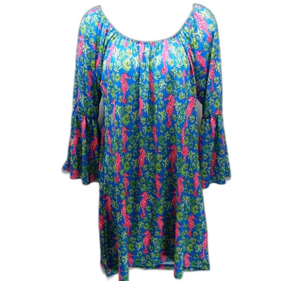 Simply Southern Bell Sleeved Tropical Midi Dress Seahorse & Shells Women's Large - Picture 1 of 13